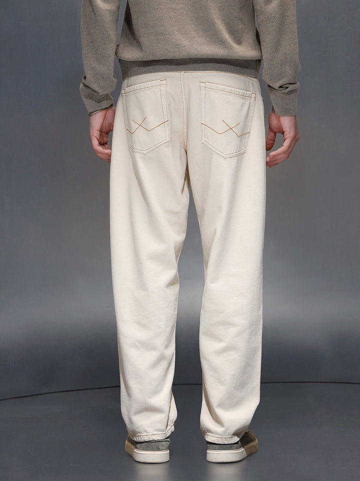 Wrogn Men's Casual Loose Fit Jeans with Contrast Stitch Detail | Khaki