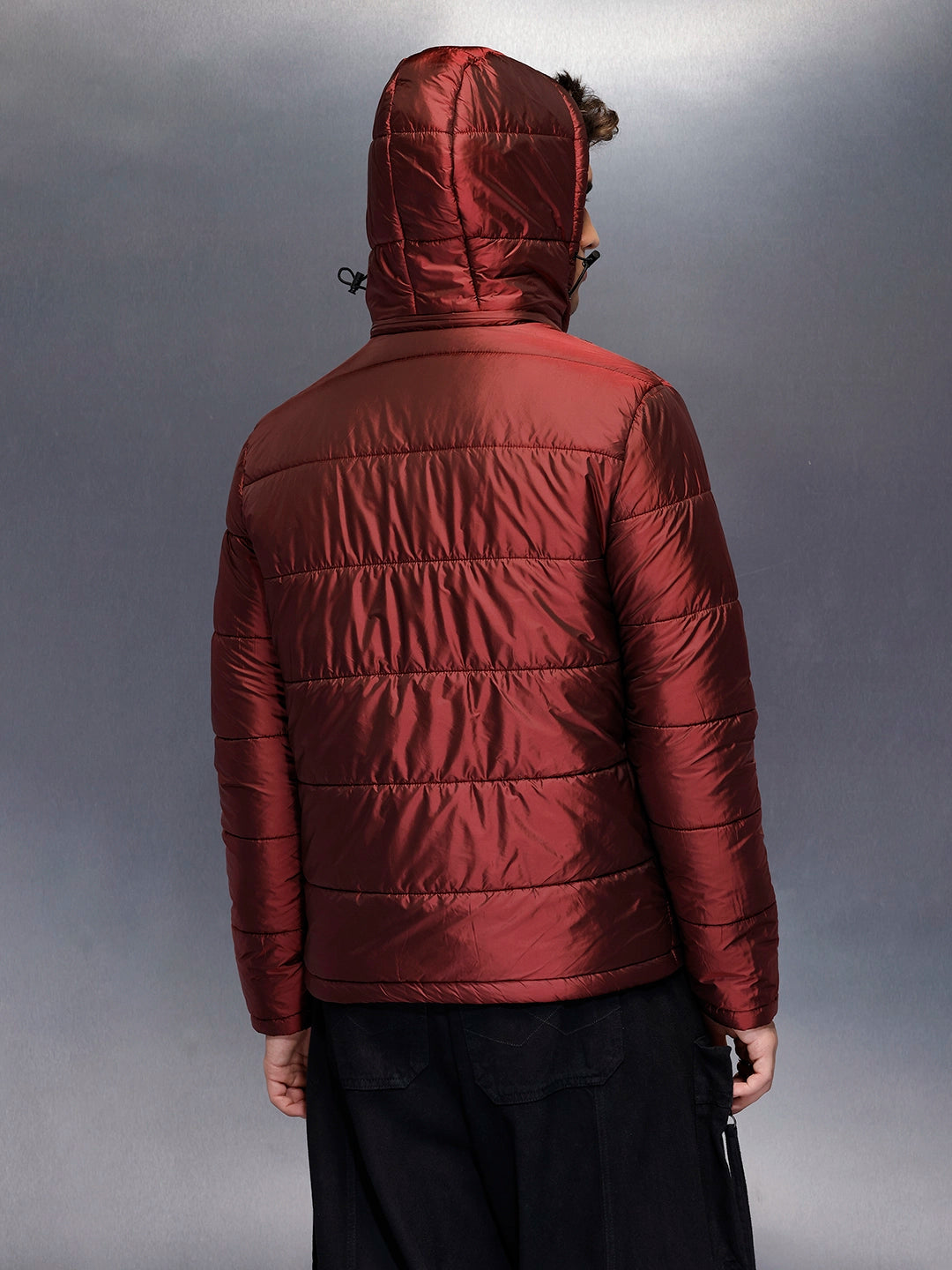 Metallic puffer jacket with hood | Wine