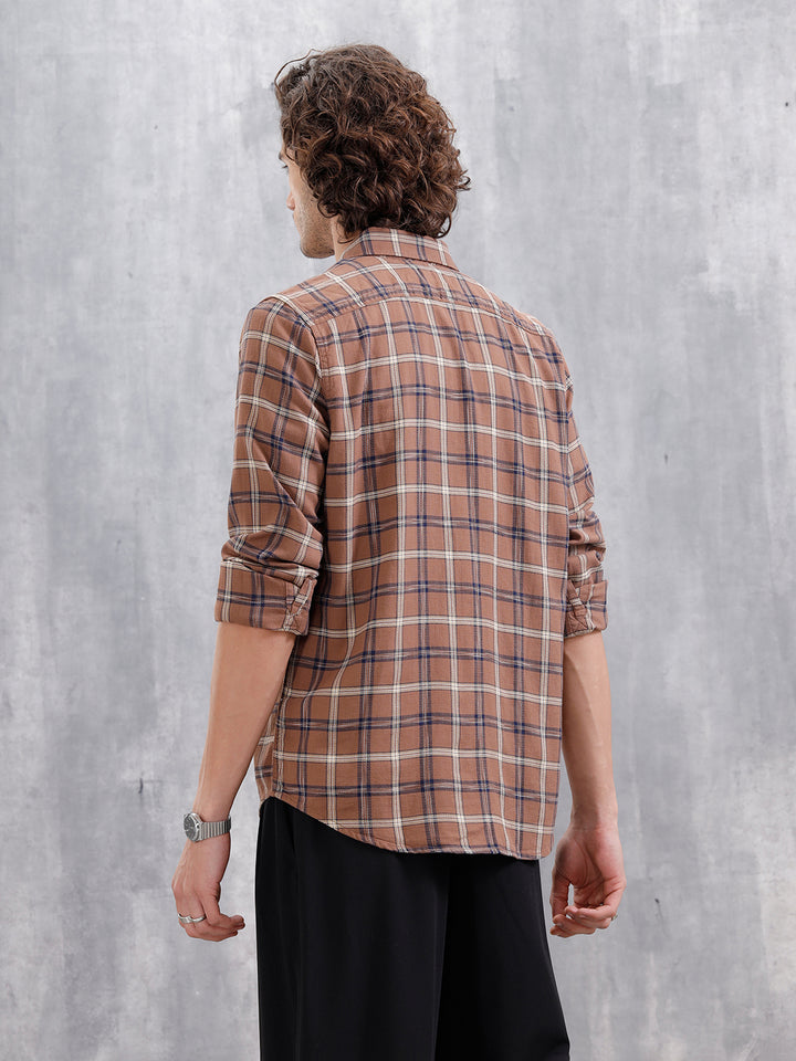 Space Dyed Dobby Check Slim Fit Shirt | Brown