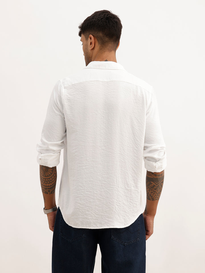 Solid Textured Regular Fit Full Sleeve Shirt | White
