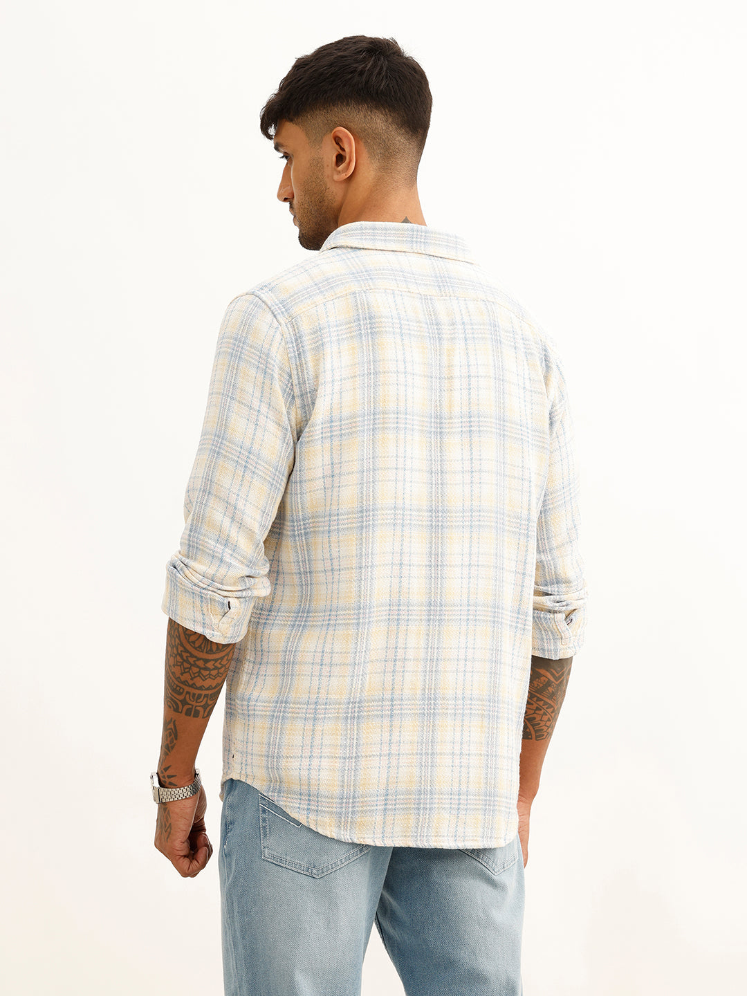 Slim Fit Checkered Full Sleeve Shirt | Beige