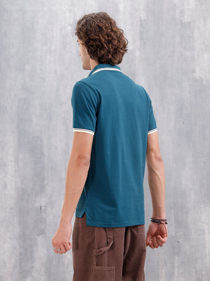 Contrast Tipped Johnny Collar Slim Fit Polo | Teal
