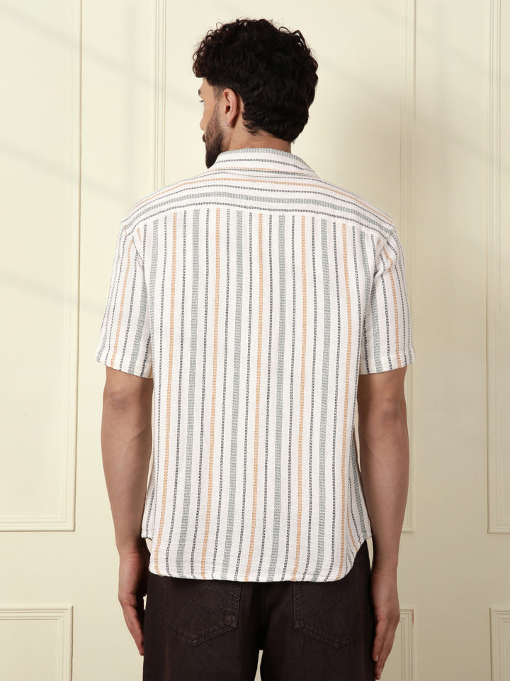 Striped Short Sleeve Textured Shirt | Off White