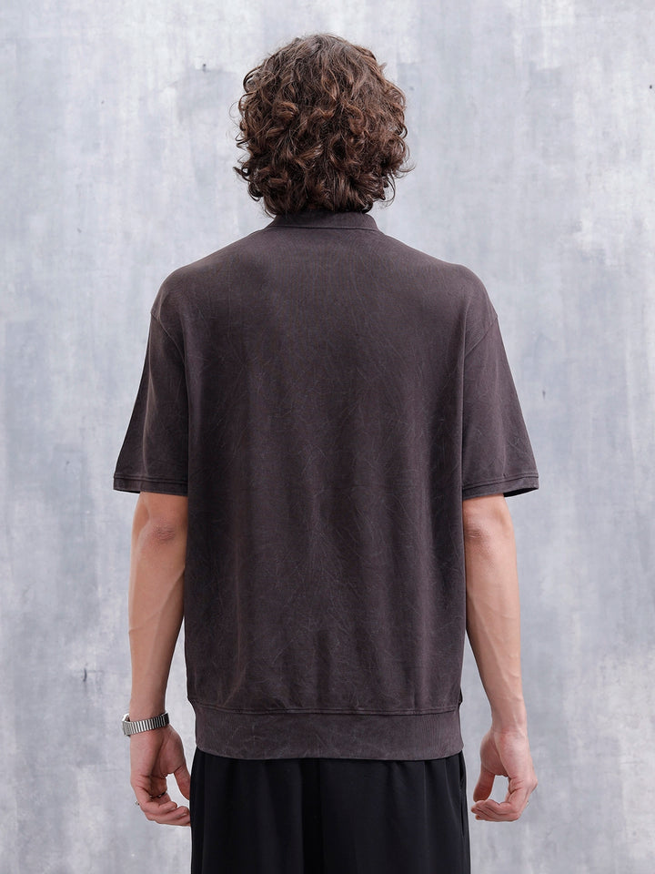 Washed Oversized Polo Neck Tshirt | Brown