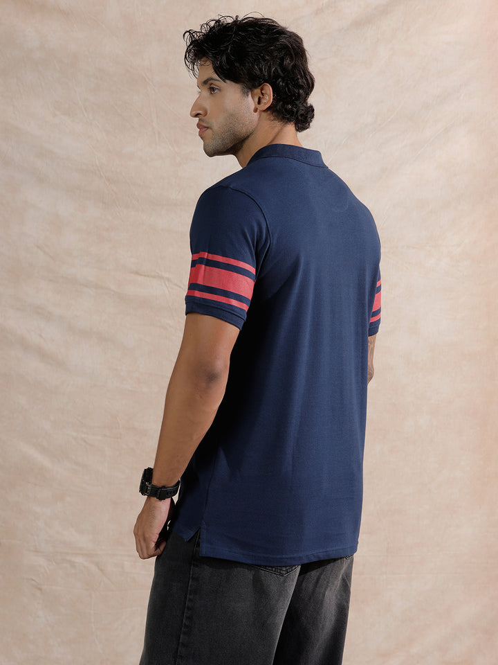 Striped Slim Fit Polo T-Shirt  | Navy Blue