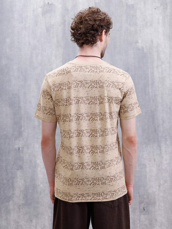 Ancient Script Striped AOP T-Shirt | Khaki