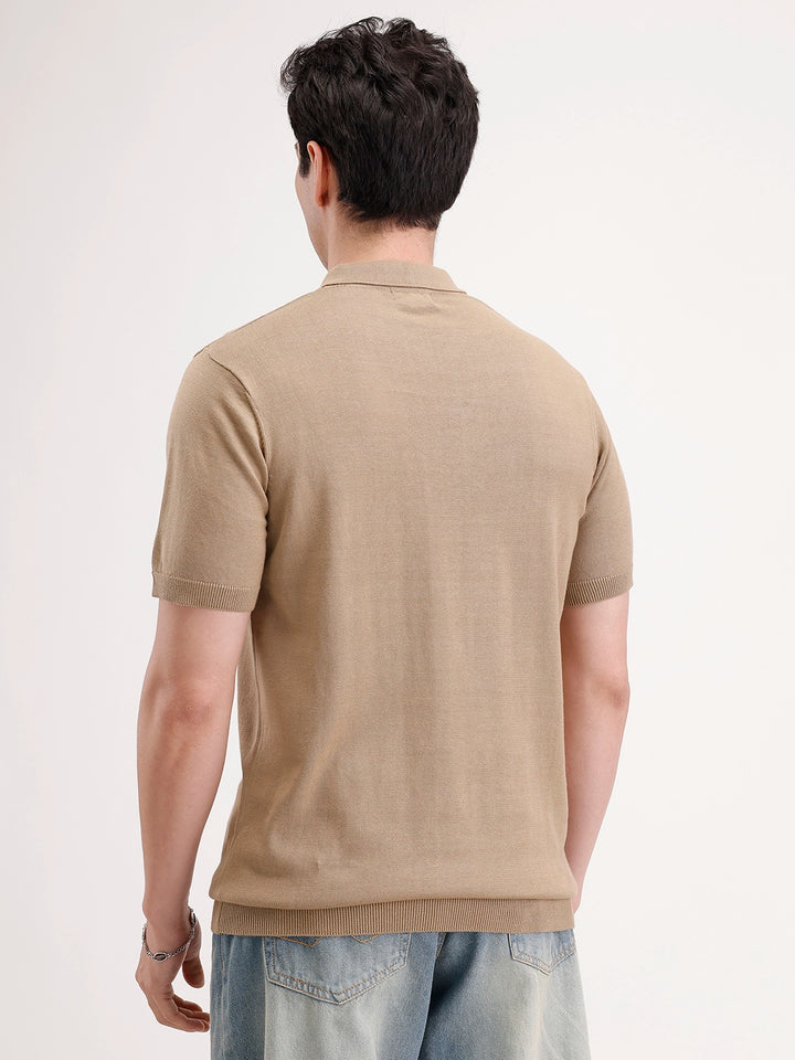 Slim Fit Flat Knit Polo T-Shirt | Khaki