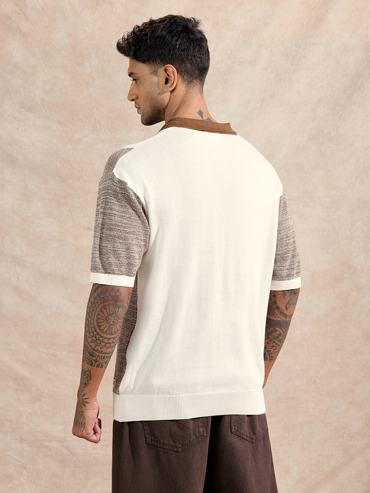 Textured Flat Knit Polo T-Shirt | Maroon & Beige