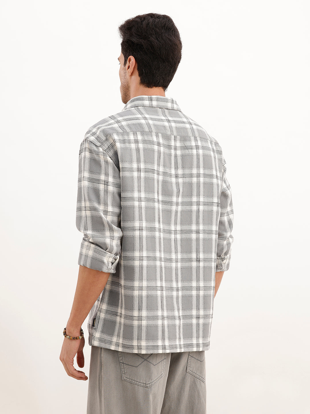Oversized Grindle Structured Check Double Pocket Shirt | Grey