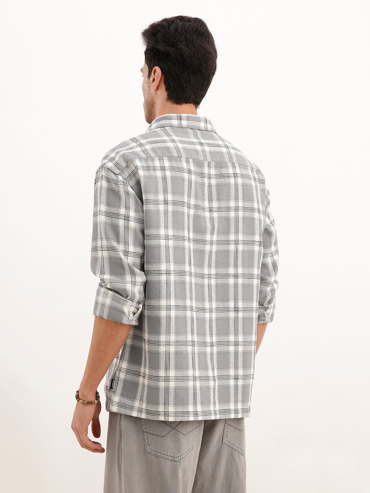 Oversized Grindle Structured Check Double Pocket Shirt | Grey