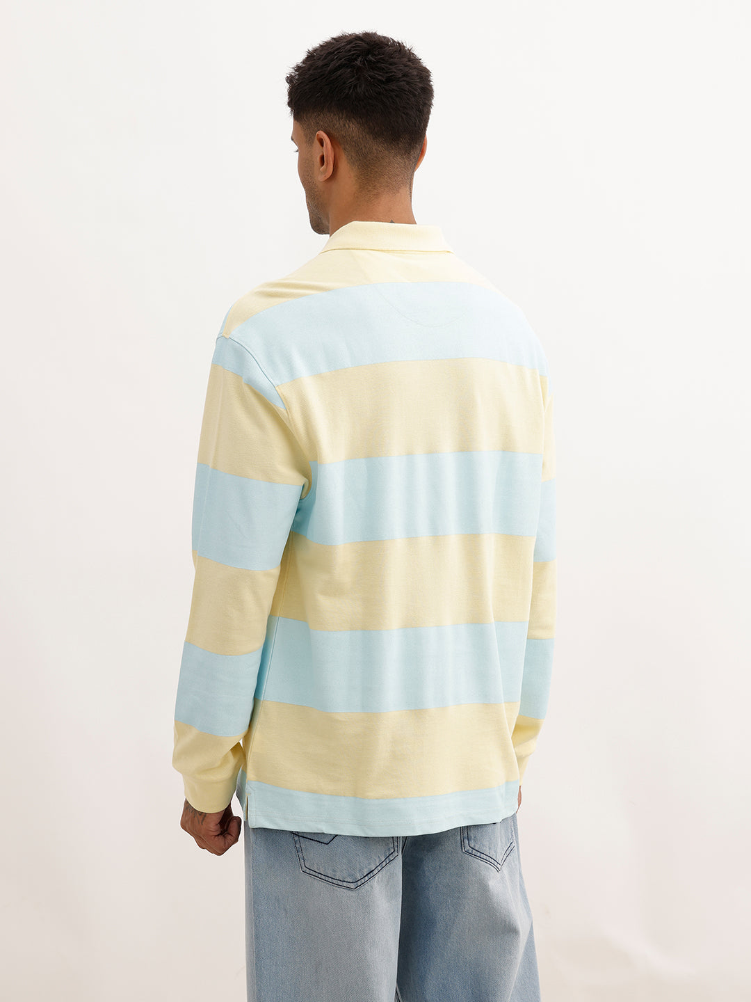Oversized Full Sleeve Striped Polo T-Shirt | Yellow