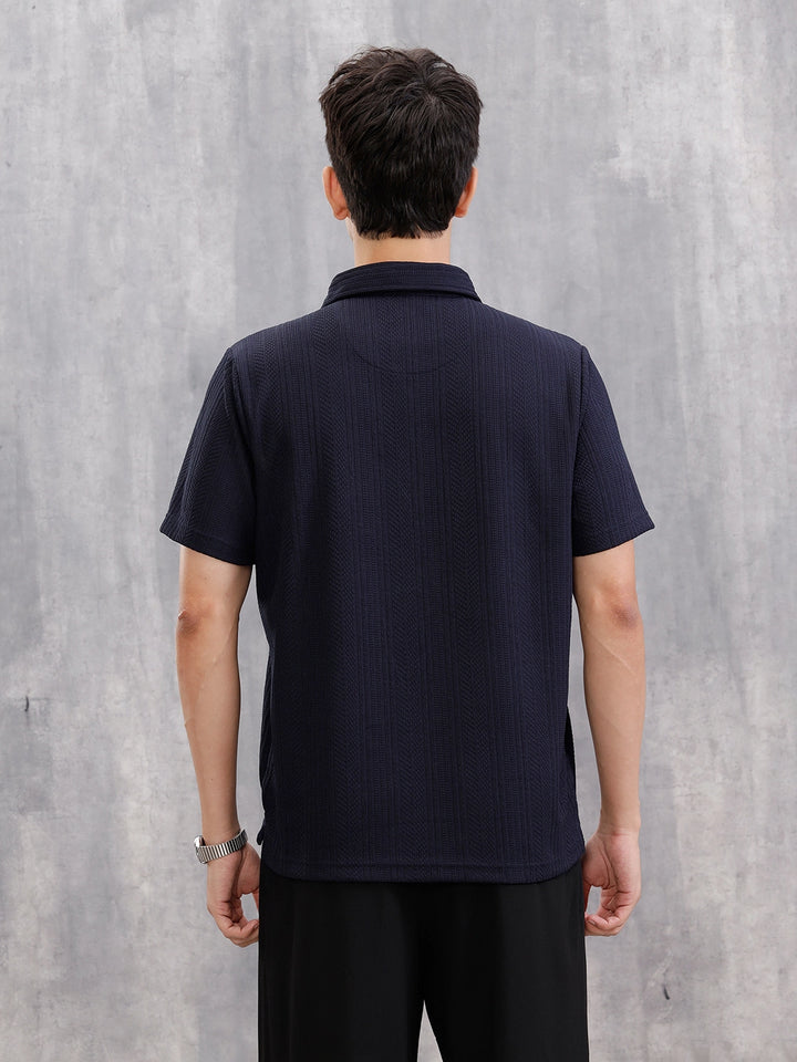 Jacquard Textured Knit Polo In Slim Fit   | Navy Blue