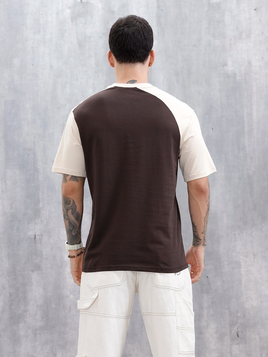 Wrogn Men's Casual Colorblocked T-Shirt  | Brown