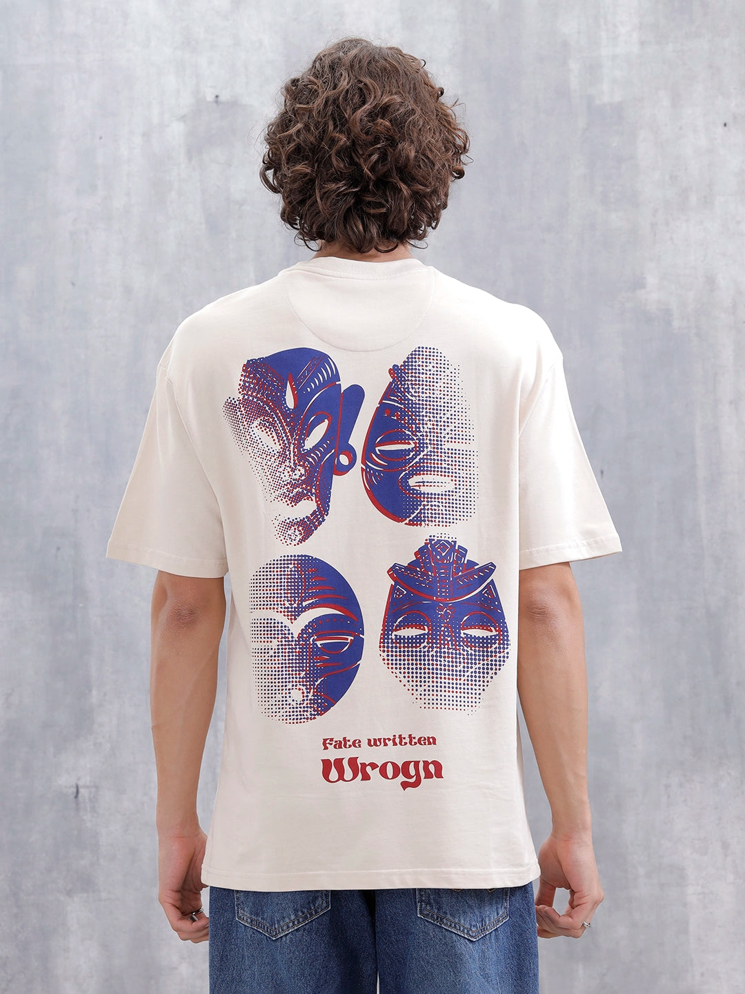 Mythical Faces Oversized Cotton Back Print T-Shirt | Beige