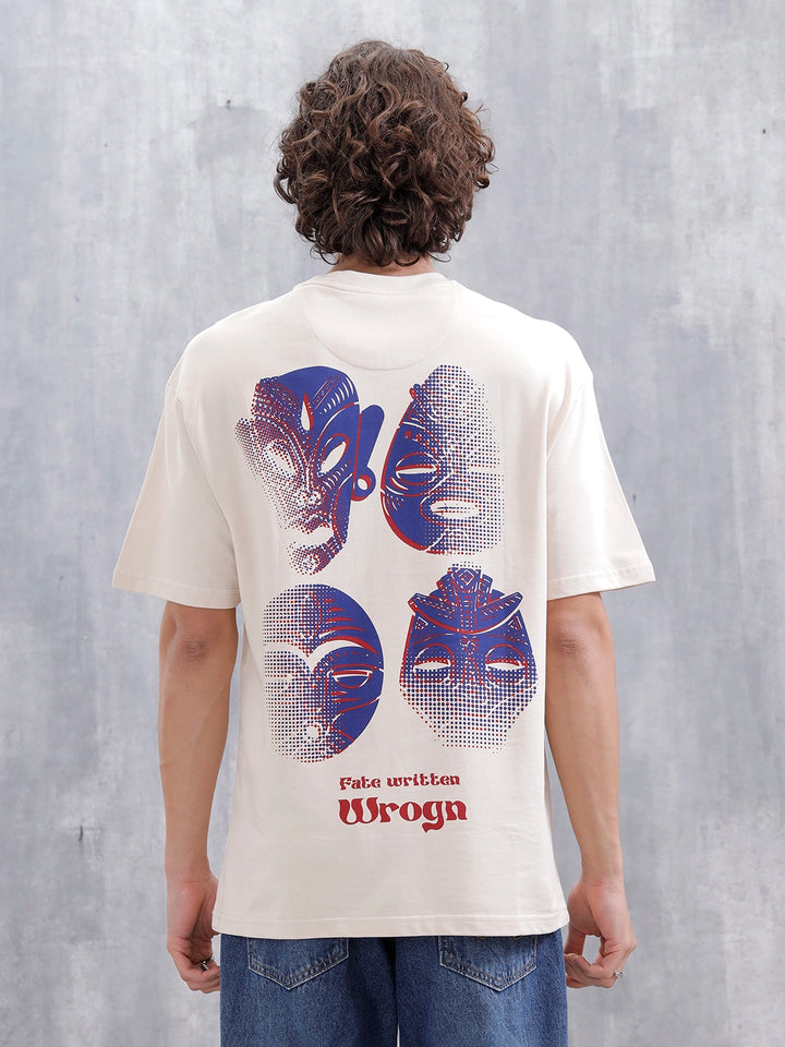 Mythical Faces Oversized Cotton Back Print T-Shirt | Beige