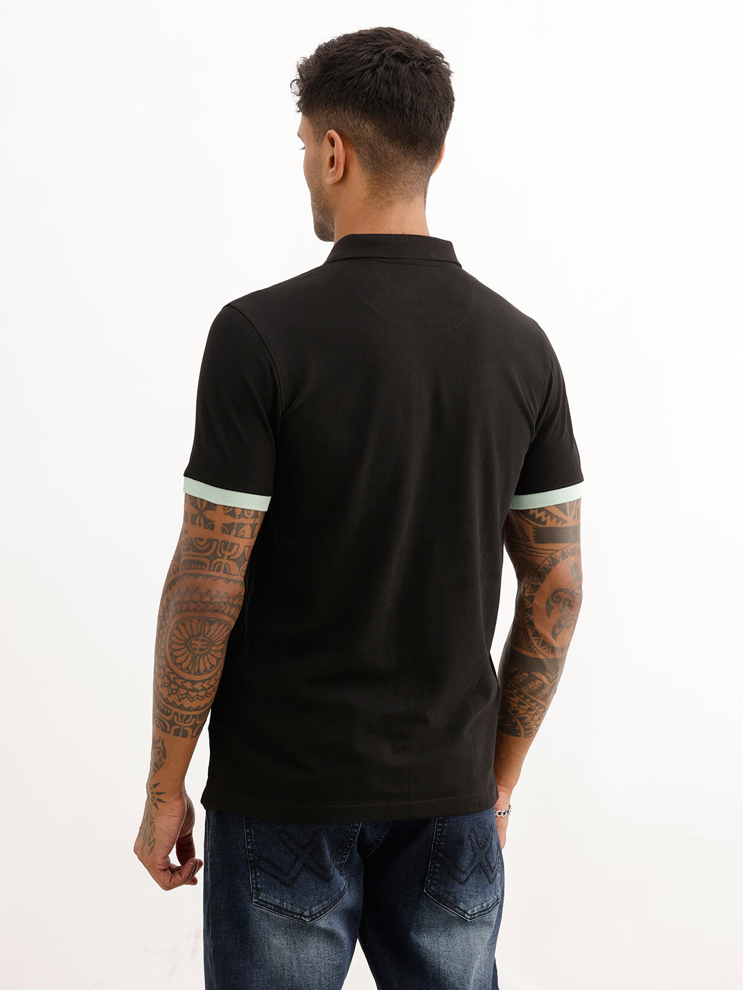 Solid Contrast Sleeve Polo T-Shirt | Black