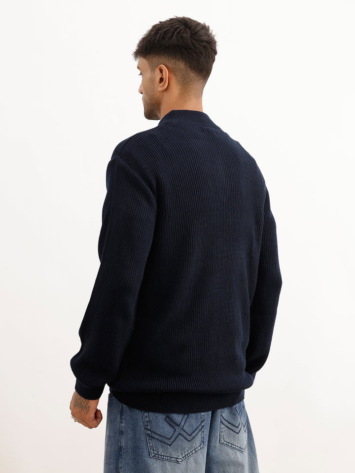 Regular Fit Textured Quater Zipper Sweater | Blue