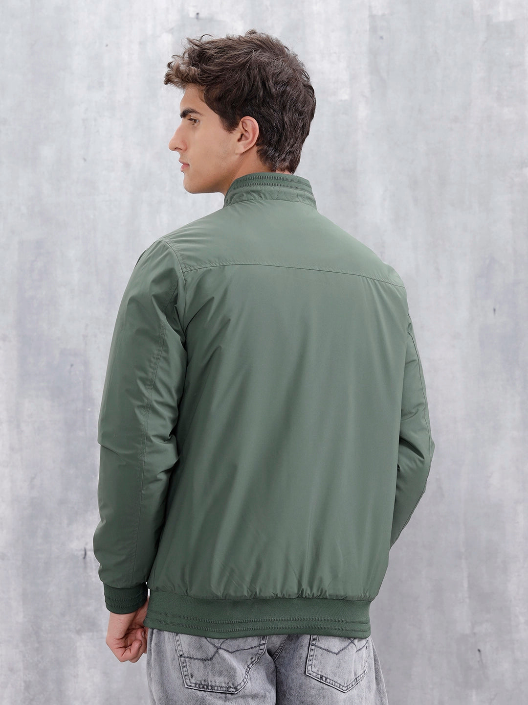 Men's Solid Casual Bomber Jacket | Green