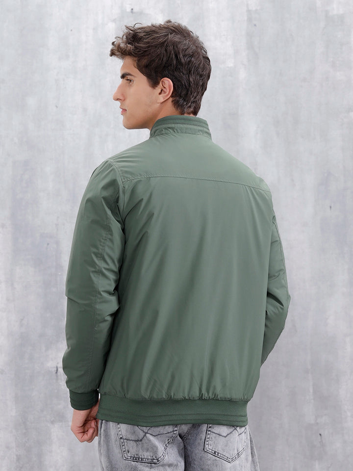 Men's Solid Casual Bomber Jacket | Green