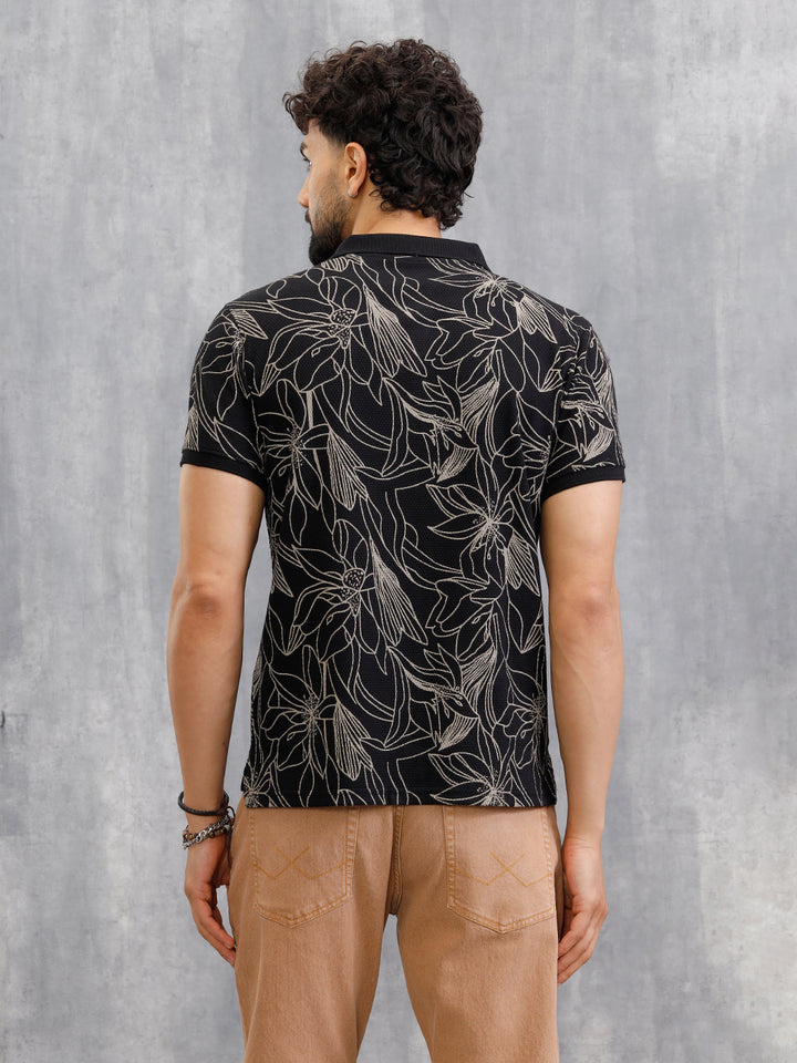 Floral Abstract Aop Polo T-Shirt | Black