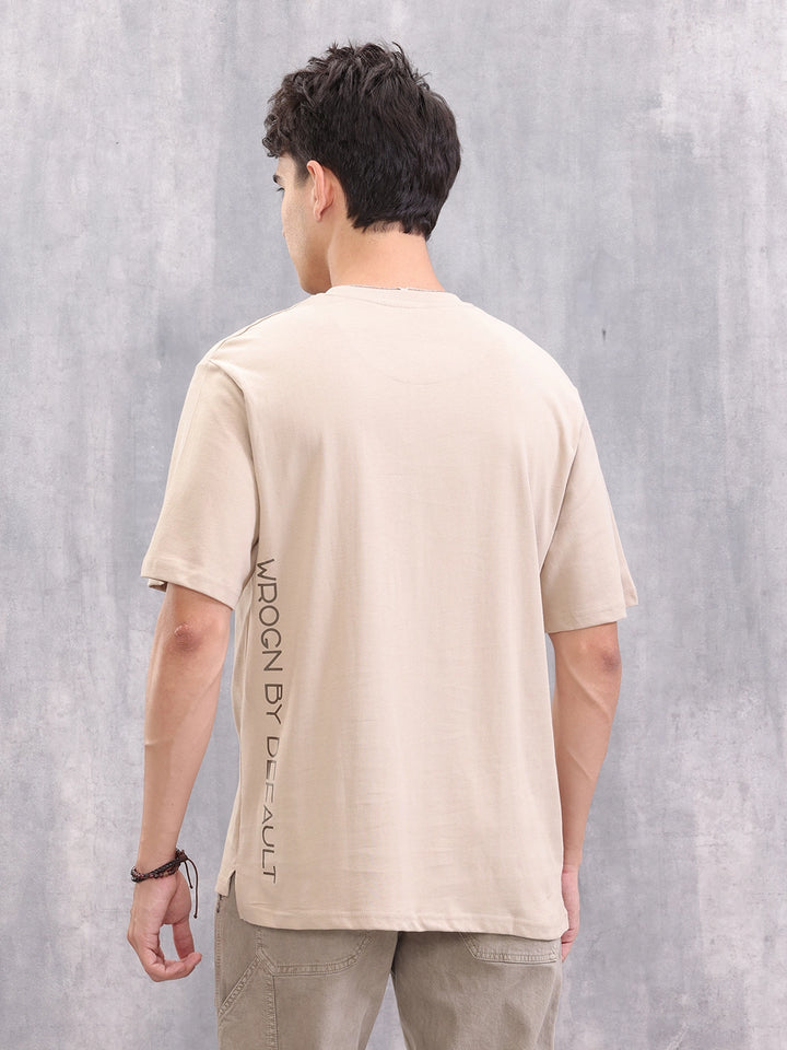Casual Comfort Fit T-shirt With Typo Print And High Low Bottom Hem | Beige