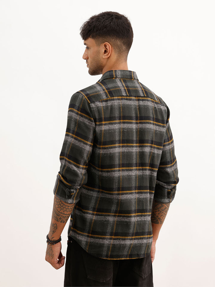Slim Fit Checkered Full Sleeve Shirt | Dark Green