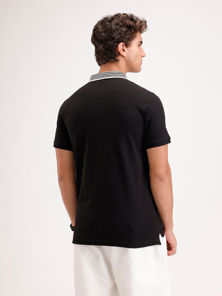 Regular Fit Contrast Collar Polo T-Shirt  | Black