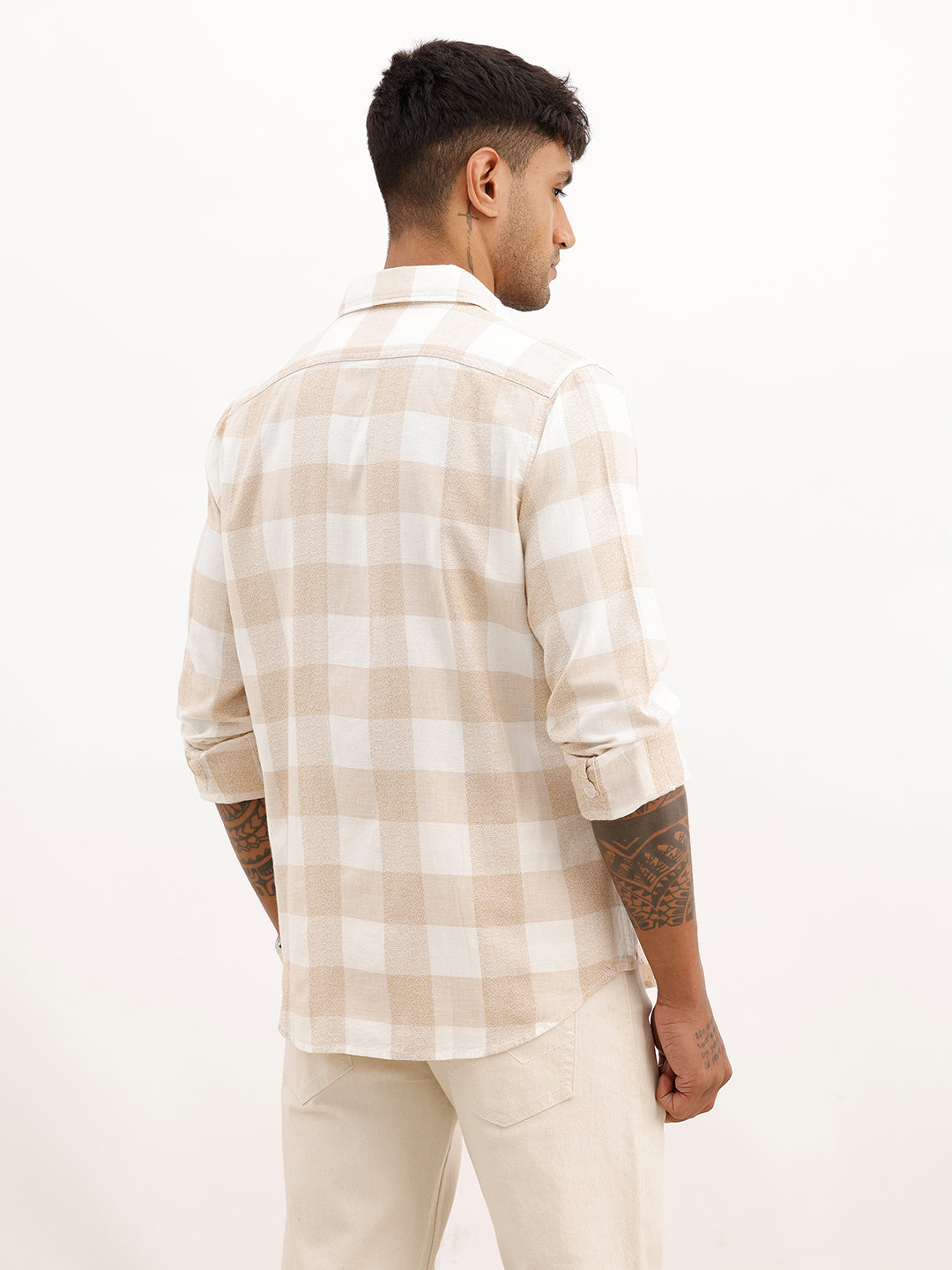 Classic Slim Fit Checkered Shirt | Beige