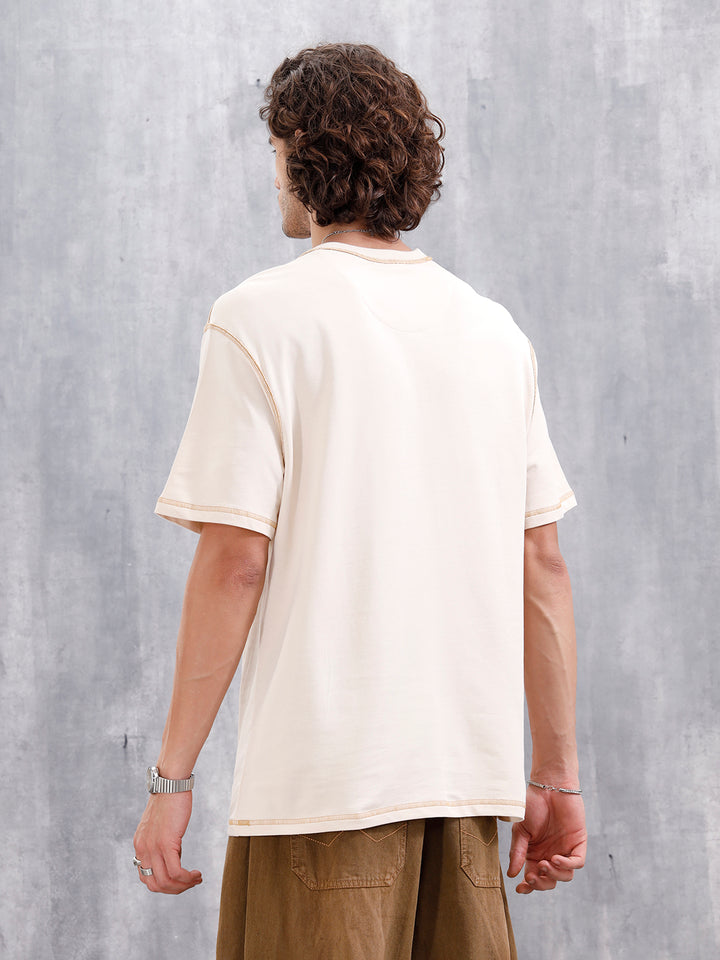 Raw Edge & Stitch Detail Oversized Fit T-Shirt | Beige