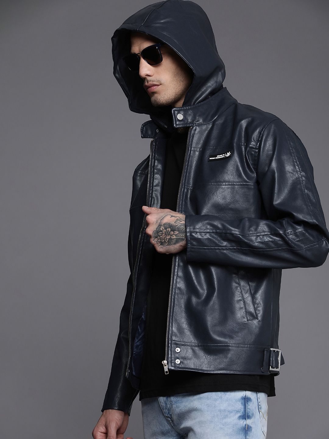 Navy Blue Hooded Leather Jacket