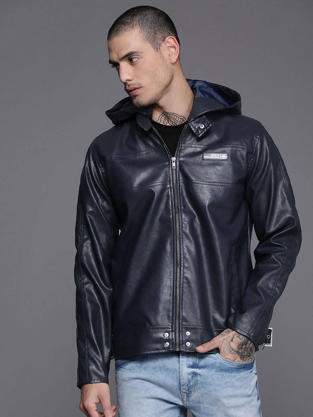 Navy Blue Hooded Leather Jacket