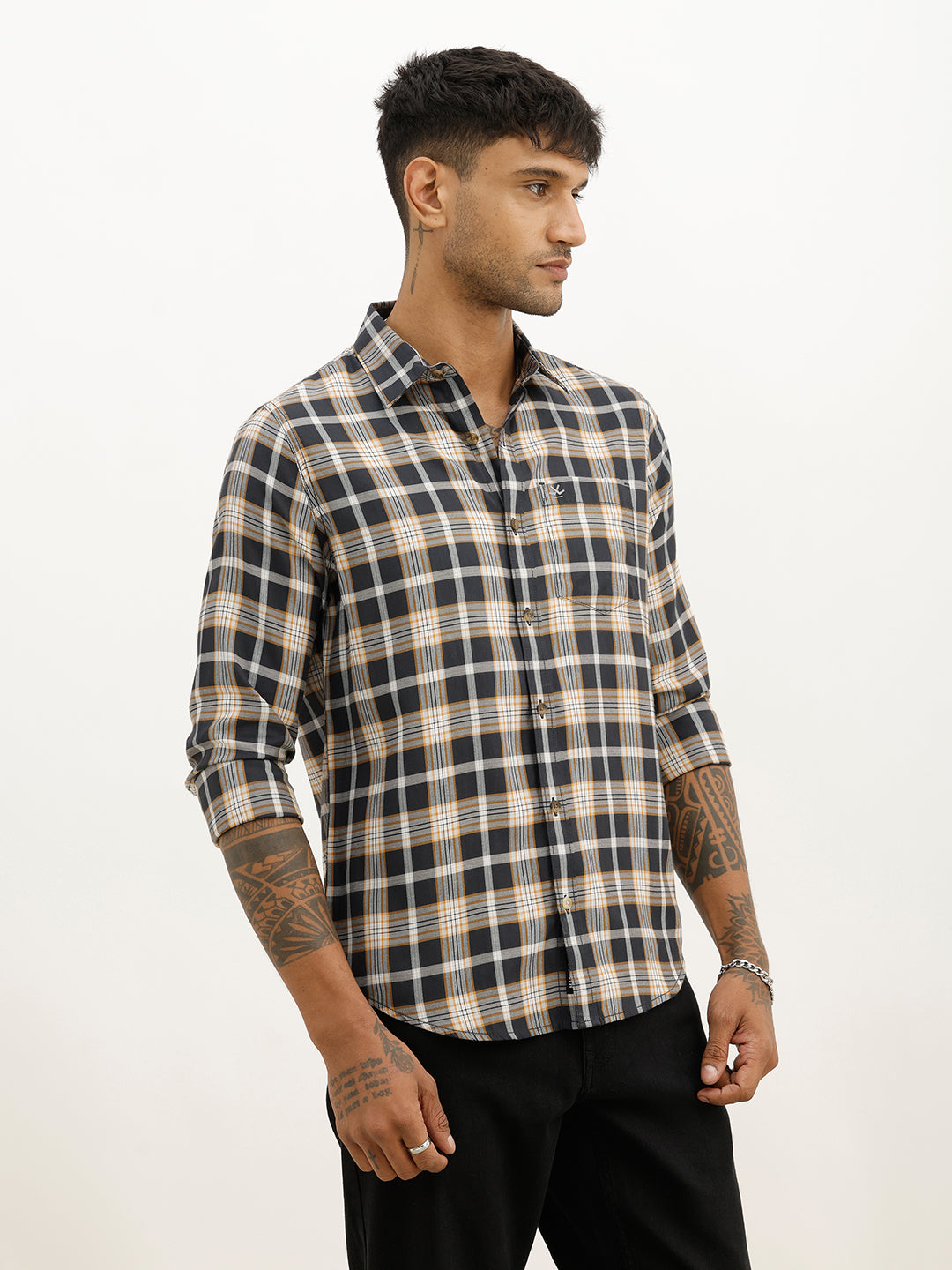 Slim Fit Checkered Full Sleeve Shirt | Black