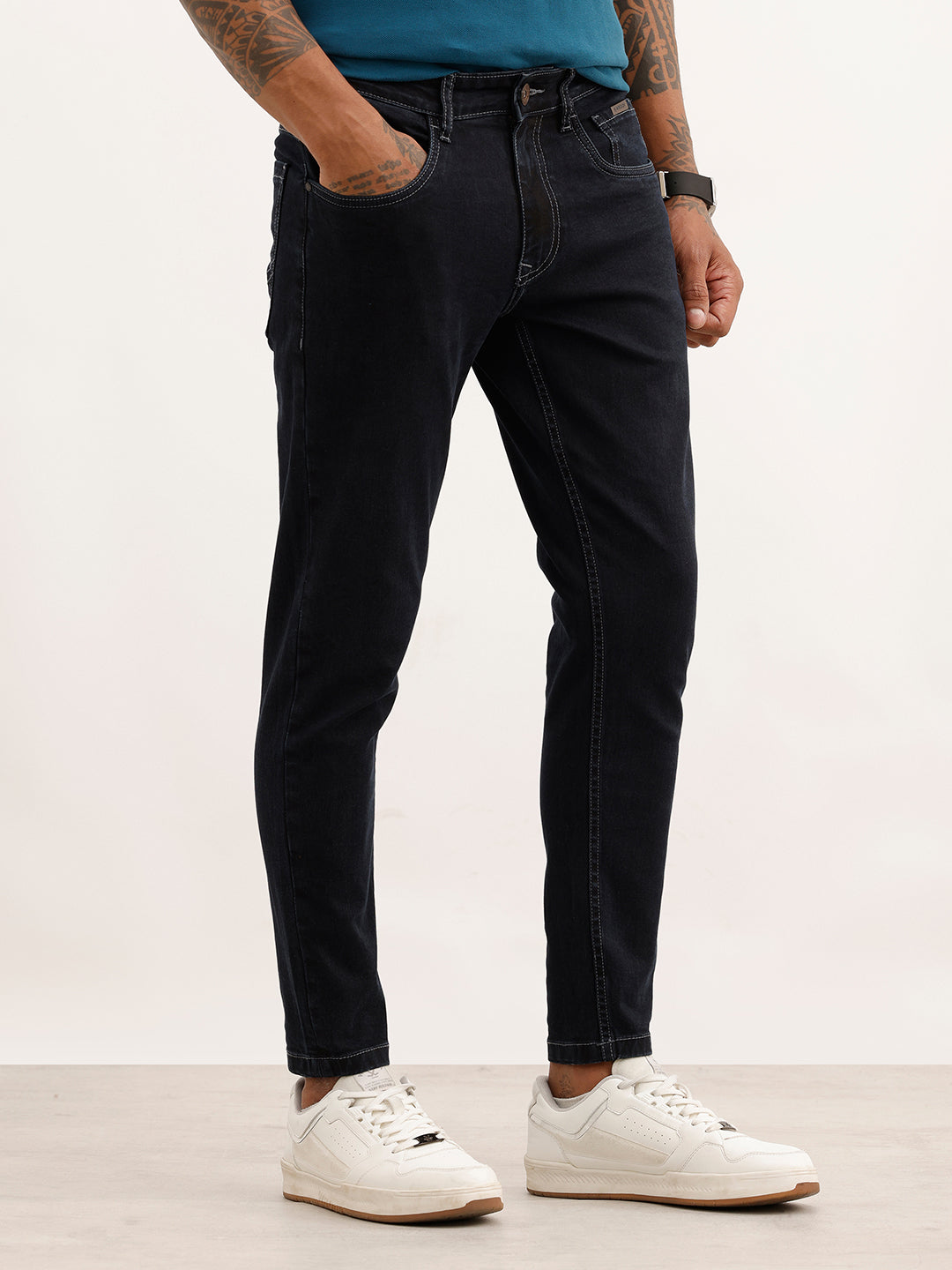 Solid Skinny Crop Contrast Stitch Denim Jeans | Dark Blue | WJN0200SC2174S