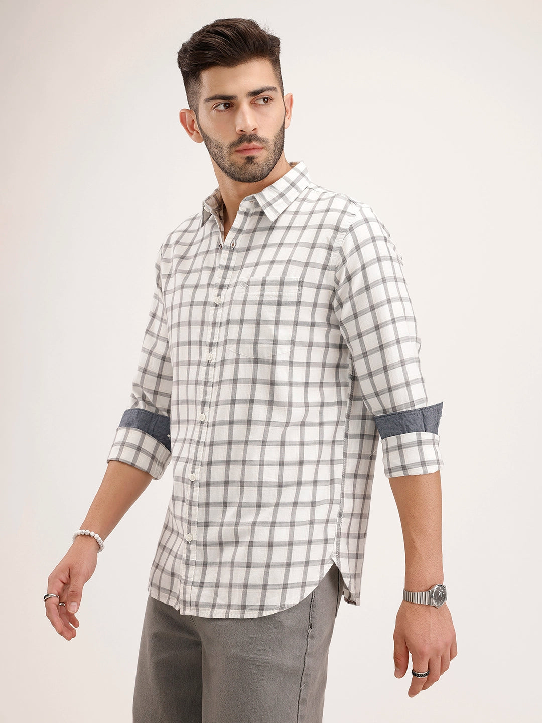 Regular Fit Checkered Shirt | Grey