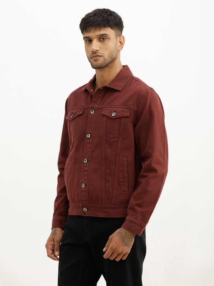 Solid Slim Fit Denim Jacket | Maroon