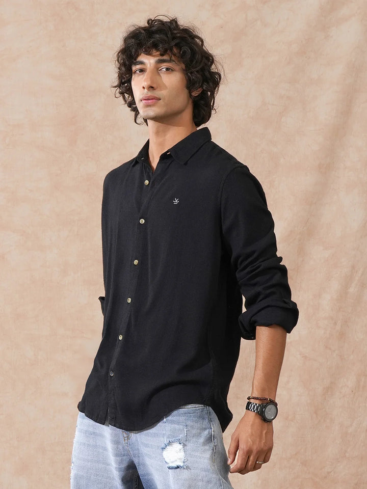 Linen Blend Slim Fit Shirt | Black