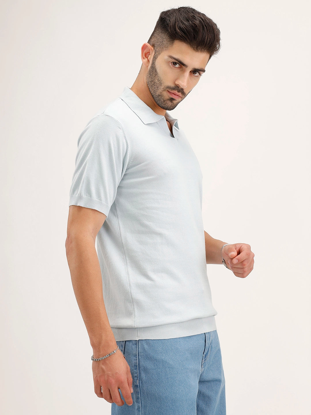 Slim Fit Flat Knit Polo T-Shirt | Light Blue
