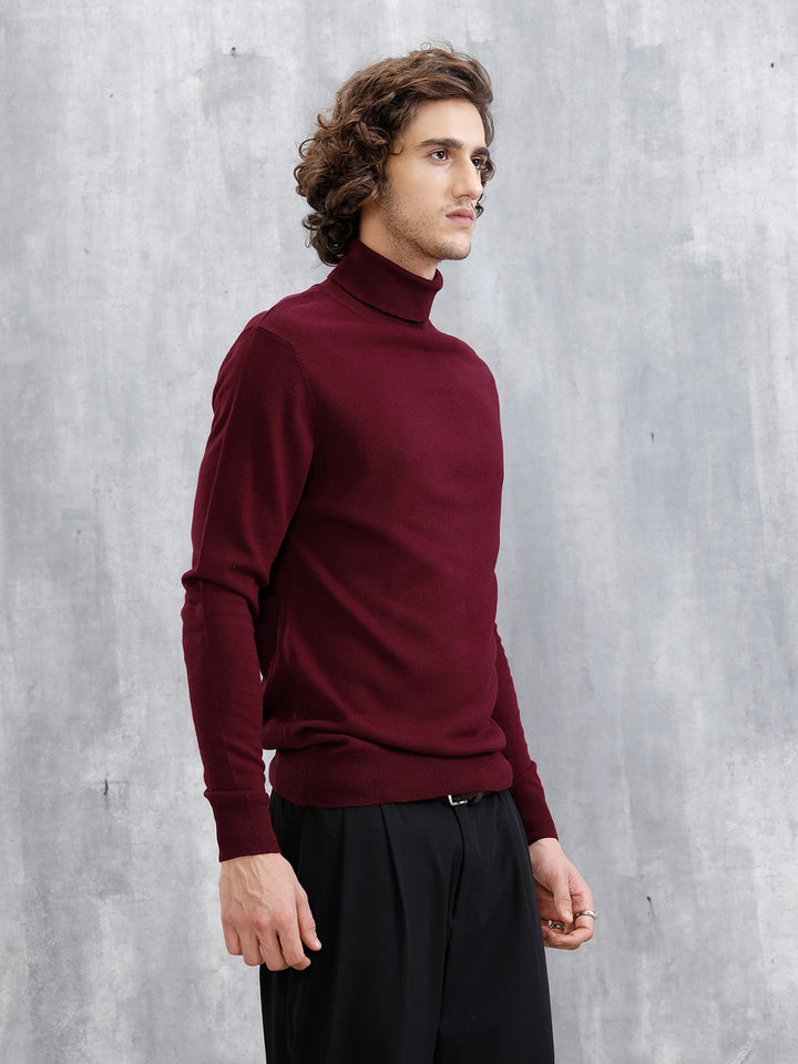 Turtle Neck Full Sleeve T-Shirt | Maroon