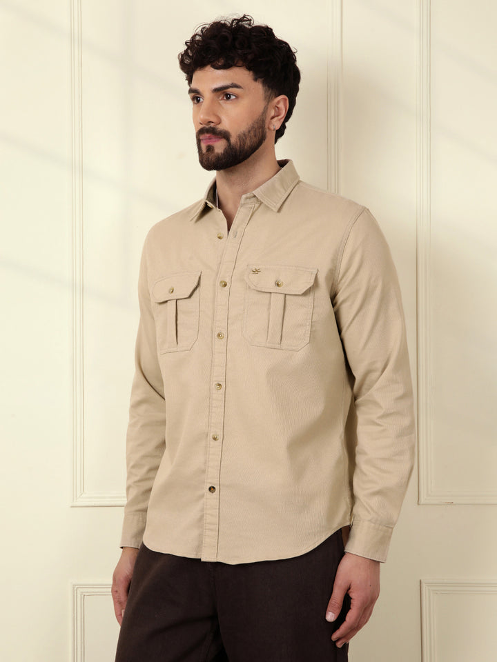 Fine Corduroy Slim Fit Shirt | Beige