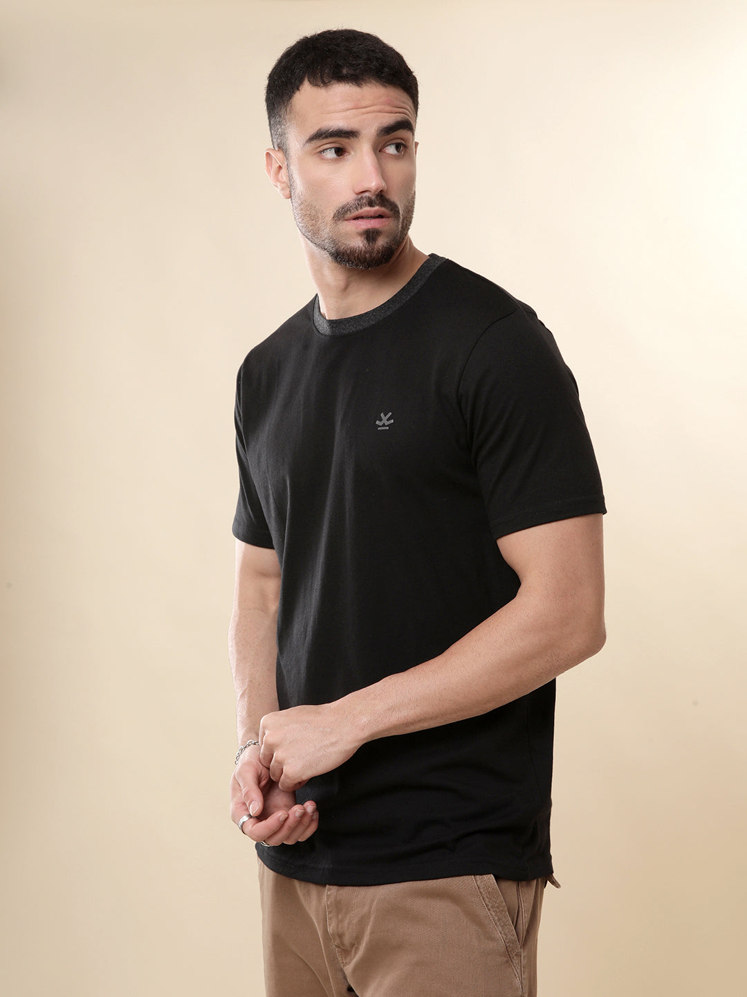 Solid Black Contrast Collar T-Shirt