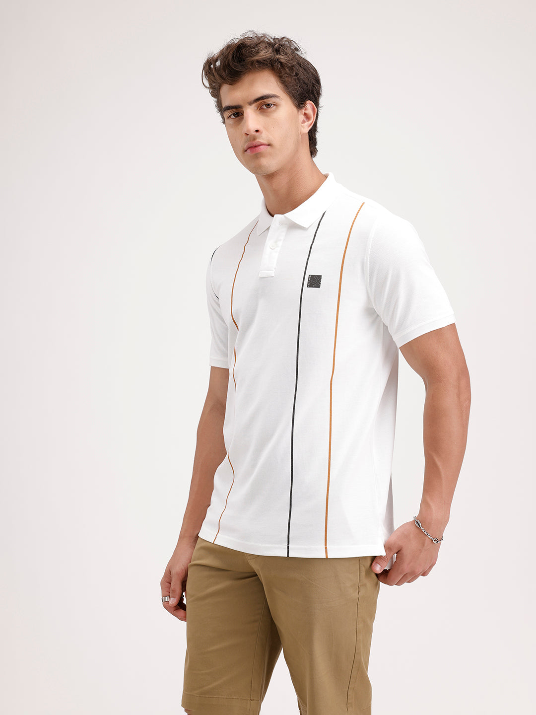 Siolid Slim Fit Pin Stripes Polo T-Shirt  | White