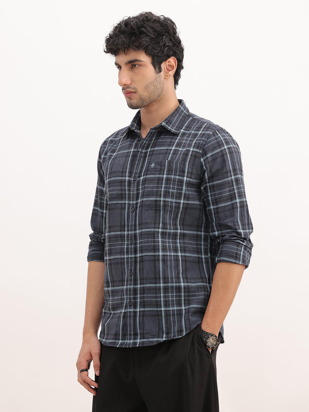 Slim Fit Checkered Full Sleeve Shirt | Blue