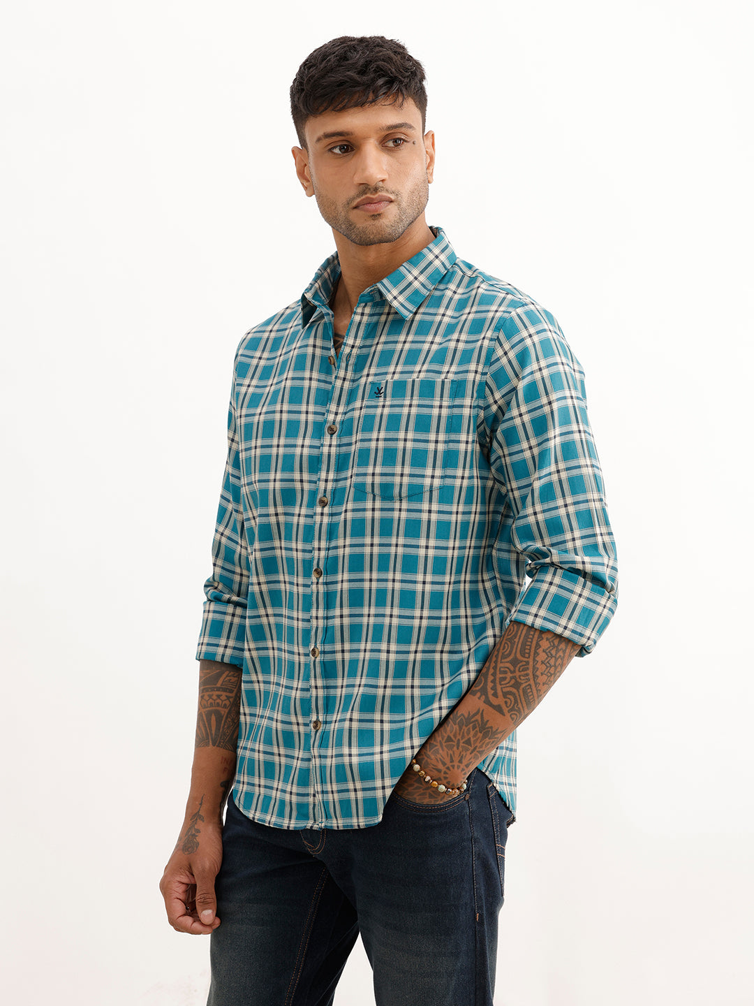 Regular Fit Full Sleeve Checkered Shirt | Teal