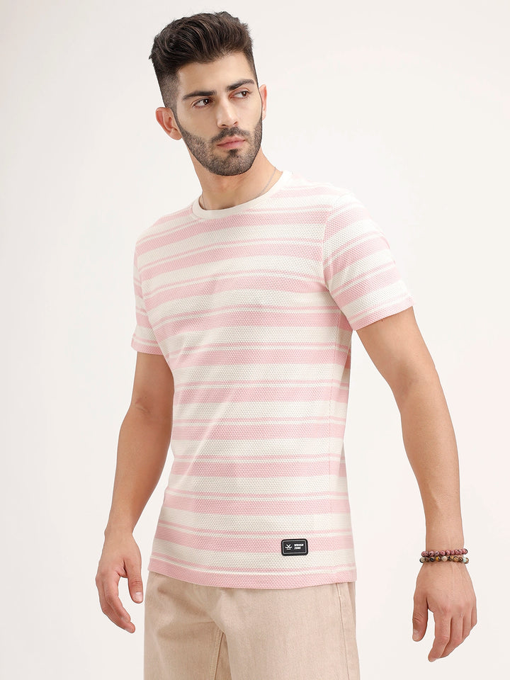 Slim Fit Textured Striped T-Shirt | Pink