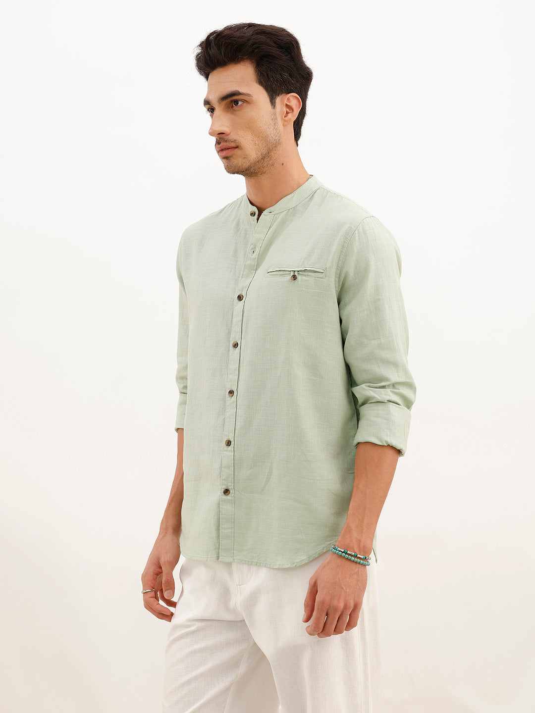 Solid Slim Fit Mandrin Collar Shirt | Grey