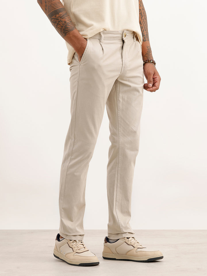 Solid Slim Fit Pleated Trouser | Off White