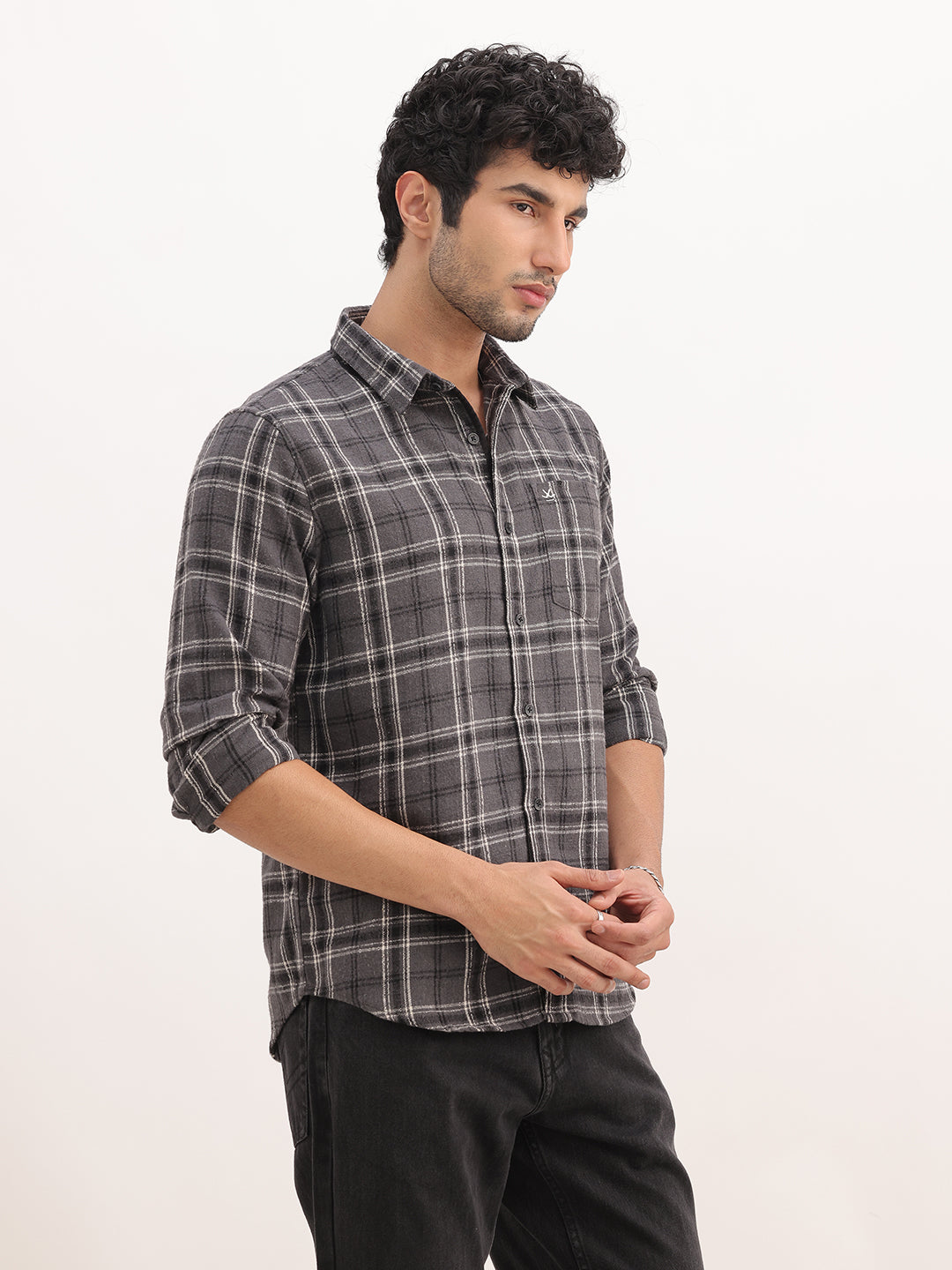 Slim Fit Checkered Full Sleeve Shirt | Dark Grey