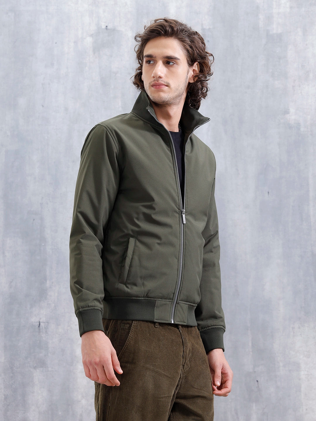 Solid Casual Slim Fit Bomber Jacket Olive – Wrogn