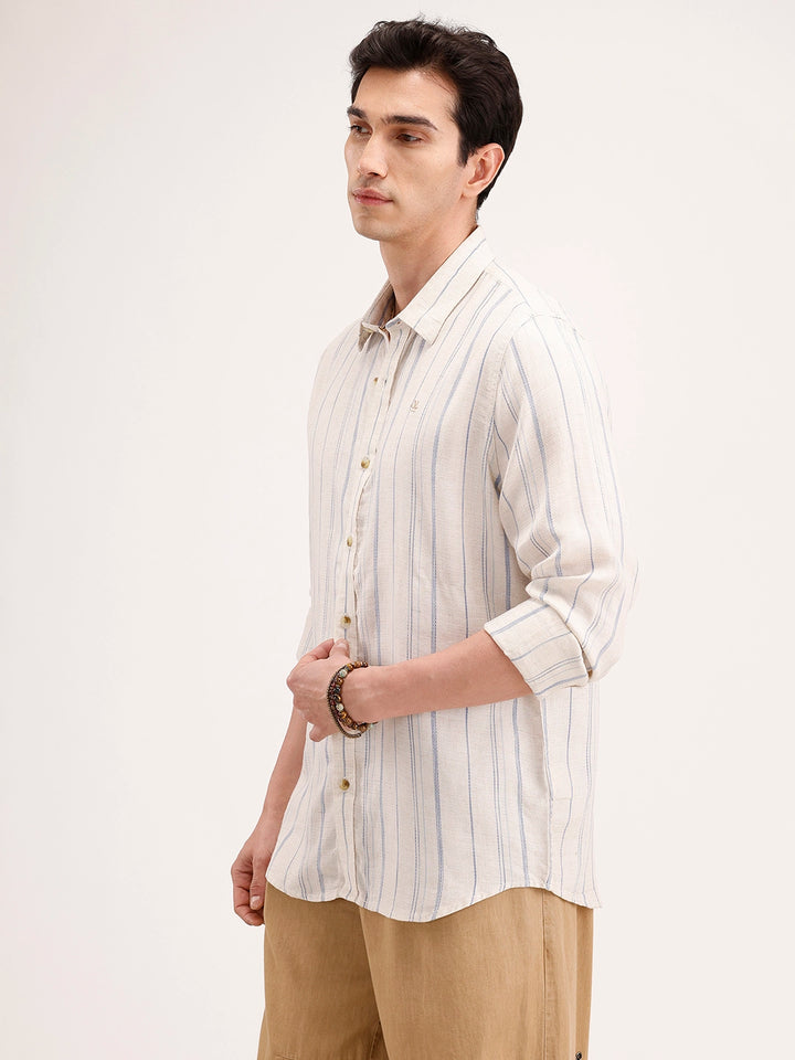 Slim Fit Striped Linen Blend Shirt | Off White
