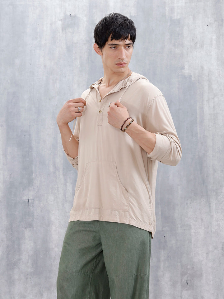 Wrogn Men's Casual Hooded Henley Pullover For Men's | Khaki
